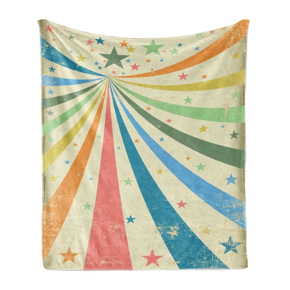 Circus Soft Flannel Fleece Blanket, Colorful Carnival Background with Rainbow Spectrum Rays and Stars on Grungy Texture, Cozy Plush for Indoor and Outdoor Use, 60" x 80", Multicolor, by Ambesonne