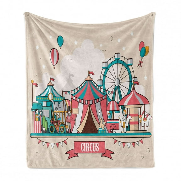 Circus Soft Flannel Fleece Blanket, Circus Facilities Scenery in Flat Design Style Balloons Children Park Illustration, Cozy Plush for Indoor and Outdoor Use, 50" x 60", Multicolor, by Ambesonne