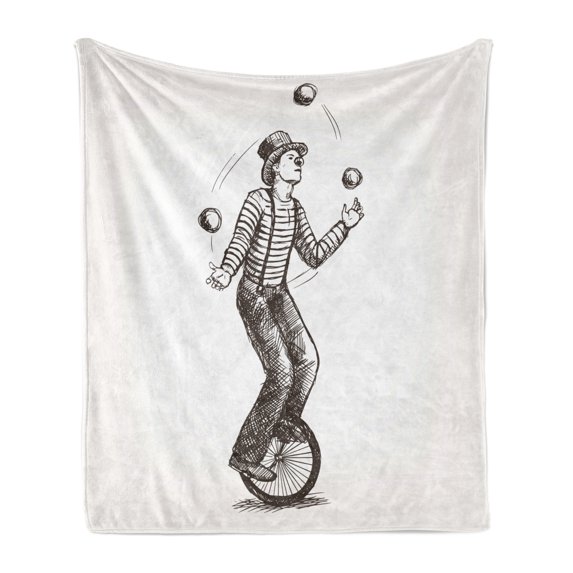 Circus Soft Flannel Fleece Blanket, Retro Style Sketch of Juggler Clown Man Performance on Cycle Bike Bicycle Wheel, Cozy Plush for Indoor and Outdoor Use, 50" x 60", Brown and White, by Ambesonne