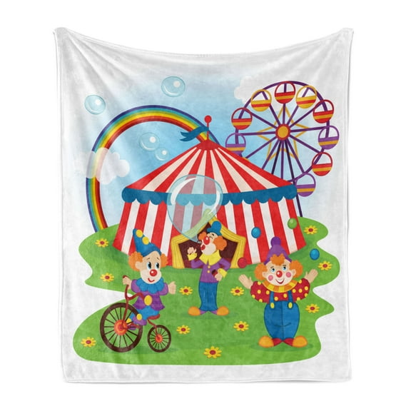 Circus Soft Flannel Fleece Blanket, Circus Scene with Clowns on Grass Rainbow Ferris Wheel Happy Bubbles Childhood Theme, Cozy Plush for Indoor and Outdoor Use, 50" x 60", Multicolor, by Ambesonne
