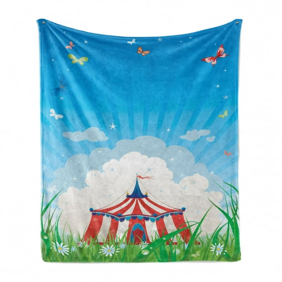 Circus Soft Flannel Fleece Blanket, Travelling Circus Tent with Clouds Butterflies and Clear Sky Festival Happiness, Cozy Plush for Indoor and Outdoor Use, 60" x 80", Red Green Blue, by Ambesonne