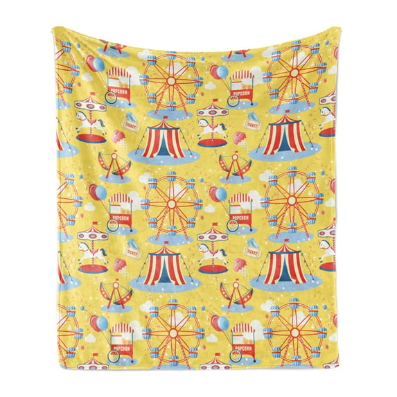 Circus Soft Flannel Fleece Throw Blanket, Amusement Park Pattern with Ferris Wheel Popcorn Ice Cream Tent, Cozy Plush for Indoor and Outdoor Use, 60" x 80", Mustard Vermilion, by Ambesonne