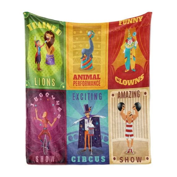 Circus Soft Flannel Fleece Throw Blanket, Carnival Time Fun Clown Balloons Ice Cream Cart Watercolor Illustration, Cozy Plush for Indoor and Outdoor Use, 50" x 60", Multicolor, by Ambesonne