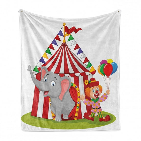 Circus Soft Flannel Fleece Throw Blanket, Cartoon Standing with Clown Circus Tent Enjoyment Funfair Illustration, Cozy Plush for Indoor and Outdoor Use, 70" x 90", Multicolor, by Ambesonne