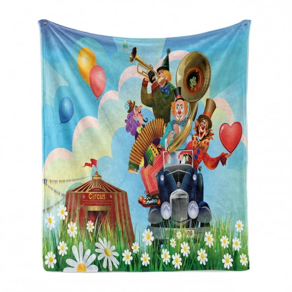 Circus Soft Flannel Fleece Throw Blanket, Clowns Vintage Car Circus Big top Daisies Flowers Heart in Meadow Fun Design Art, Cozy Plush for Indoor and Outdoor Use, 70" x 90", Multicolor, by Ambesonne