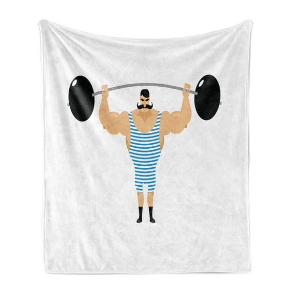 Circus Soft Flannel Fleece Throw Blanket, Comic Retro Strong Muscular Bodybuilder with Moustache Doing Weightlifting Sport, Cozy Plush for Indoor and Outdoor Use, 50" x 70", Multicolor, by Ambesonne