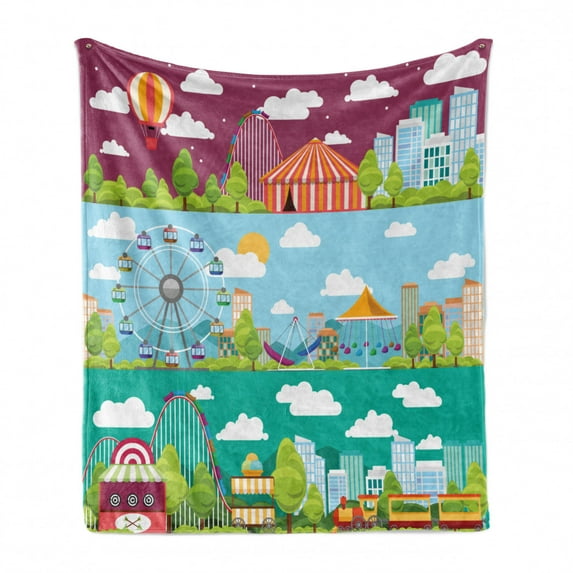 Circus Soft Flannel Fleece Throw Blanket, Conceptual City Banners with Carousels Slides and Swings Ferris Wheel Attraction, Cozy Plush for Indoor and Outdoor Use, 70" x 90", Multicolor, by Ambesonne