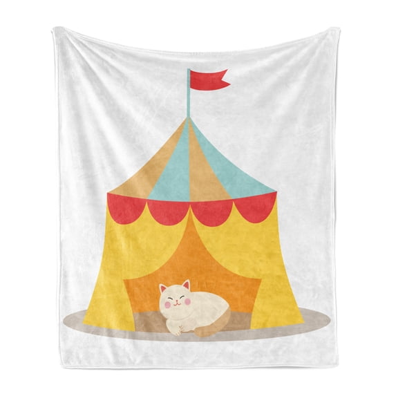 Circus Soft Flannel Fleece Throw Blanket, Furry Cat Kitten in a Circus Tent Smiling Fun Joy Famous Nostalgic Memory Artwork, Cozy Plush for Indoor and Outdoor Use, 50" x 60", Yellow Red, by Ambesonne