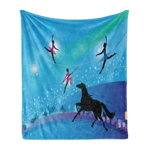 Circus Soft Flannel Fleece Throw Blanket, Graphic Silhouettes of Trapeze Artists or Ballerina on Tightrope and Horse Theme, Cozy Plush for Indoor and Outdoor Use, 70" x 90", Multicolor, by Ambesonne