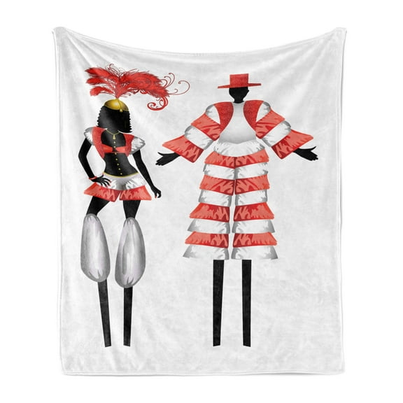 Circus Soft Flannel Fleece Throw Blanket, Interpretation of 2 Moko Jumbies Silhouettes in Costumes, Cozy Plush for Indoor and Outdoor Use, 70" x 90", Vermilion Charcoal Grey, by Ambesonne