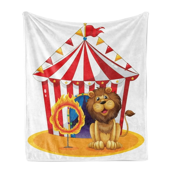 Circus Soft Flannel Fleece Throw Blanket, Lion Beside the Hoop at the Circus Old Fashion Kids King of Forest Illustration, Cozy Plush for Indoor and Outdoor Use, 60" x 80", Multicolor, by Ambesonne