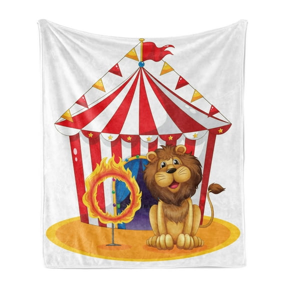 Circus Soft Flannel Fleece Throw Blanket, Lion Beside the Hoop at the Circus Old Fashion Kids King of Forest Illustration, Cozy Plush for Indoor and Outdoor Use, 70" x 90", Multicolor, by Ambesonne