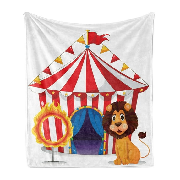 Circus Soft Flannel Fleece Throw Blanket, Lion and a Ring in Front of the Circus Tent Blazing Adventure Dangerous Print, Cozy Plush for Indoor and Outdoor Use, 70" x 90", Multicolor, by Ambesonne