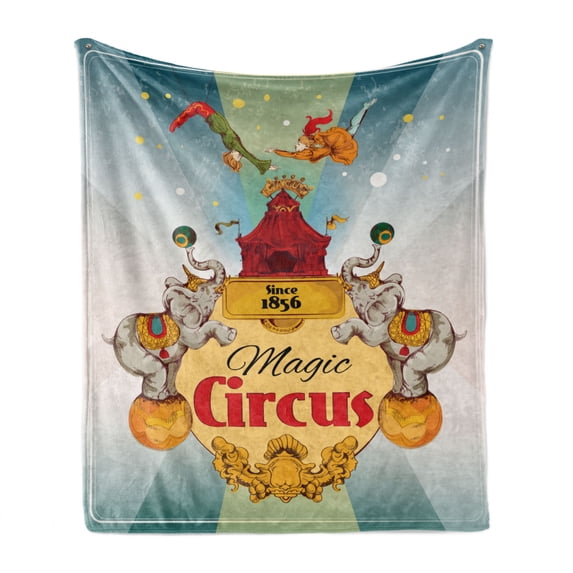 Circus Soft Flannel Fleece Throw Blanket, Magic Circus Tent Show Announcement Vintage Style Aerialist Acrobat Performance, Cozy Plush for Indoor and Outdoor Use, 70" x 90", Multicolor, by Ambesonne