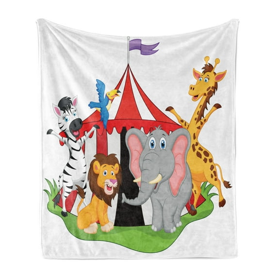 Circus Soft Flannel Fleece Throw Blanket, Performer Acrobat Animals in Circus Tent Happy Giraffe Joyful Art, Cozy Plush for Indoor and Outdoor Use, 50" x 70", Red Green Yellow, by Ambesonne