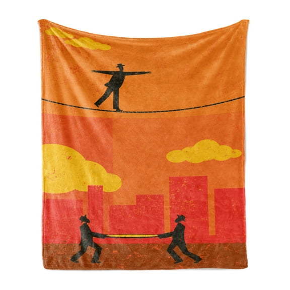 Circus Soft Flannel Fleece Throw Blanket, Retro Businessman Walking on Tightrope in Balance and 2 Men Holding Safety Net, Cozy Plush for Indoor and Outdoor Use, 70" x 90", Multicolor, by Ambesonne