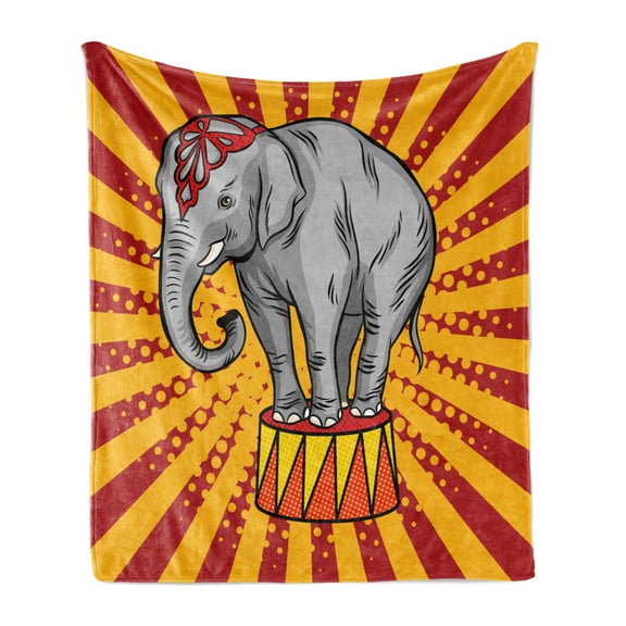 Circus Soft Flannel Fleece Throw Blanket, Show Animal on Pop Art Inspired Background with Dots and Rays, Cozy Plush for Indoor and Outdoor Use, 50" x 60", Orange Ruby Pale Taupe, by Ambesonne