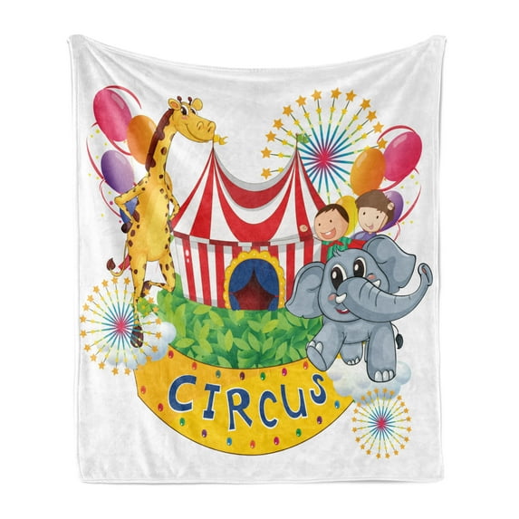 Circus Soft Flannel Fleece Throw Blanket, Show Kids Animals Smiling Magician Childhood and Happiness Themed Illustration, Cozy Plush for Indoor and Outdoor Use, 50" x 70", Multicolor, by Ambesonne
