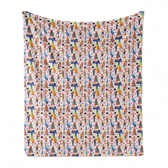 Circus Soft Flannel Fleece Throw Blanket, Vivid Pattern with Funny Various Entertainers Showman Clown, Cozy Plush for Indoor and Outdoor Use, 70" x 90", Baby Pink and Multicolor, by Ambesonne