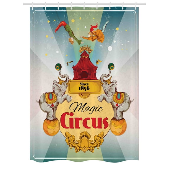 Circus Stall Shower Curtain, Magic Circus Tent Show Announcement Vintage Style Aerialist Acrobat Performance, Fabric Bathroom Set with Hooks, 54W X 78L Inches, Multicolor, by Ambesonne