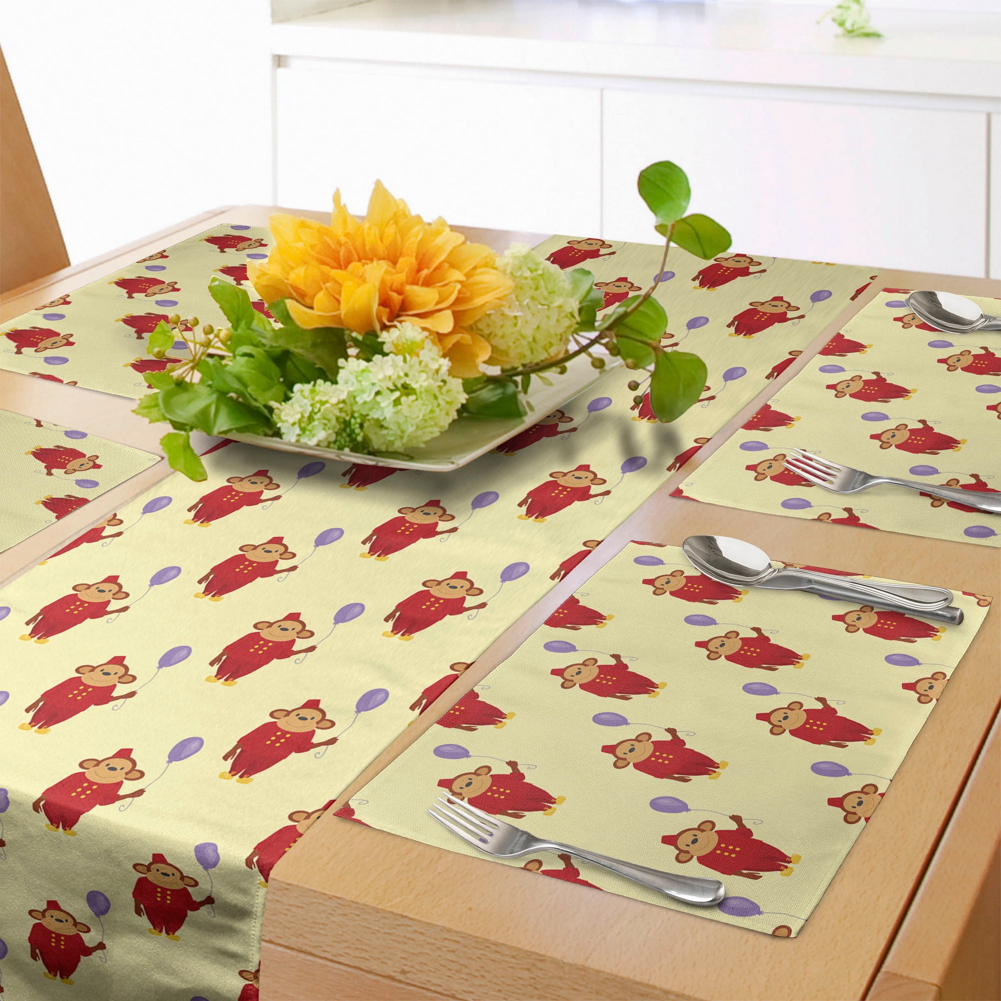 Circus Table Runner & Placemats, Funny Monkey in Show Clothes Holding a Violet Toned Balloon