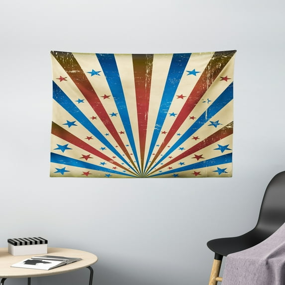 Circus Tapestry, American Flag Inspired Grungy Background with Pastel Colored Rays of Beams and Stars, Wall Hanging for Bedroom Living Room Dorm Decor, 60W X 40L Inches, Multicolor, by Ambesonne