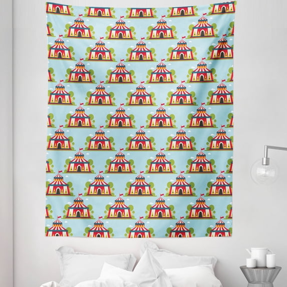 Circus Tapestry, Festival Fun Themed Pattern with a Cartoon Design Tent and Trees Print, Fabric Wall Hanging Decor for Bedroom Living Room Dorm, 5 Sizes, Pale Blue and Multicolor, by Ambesonne