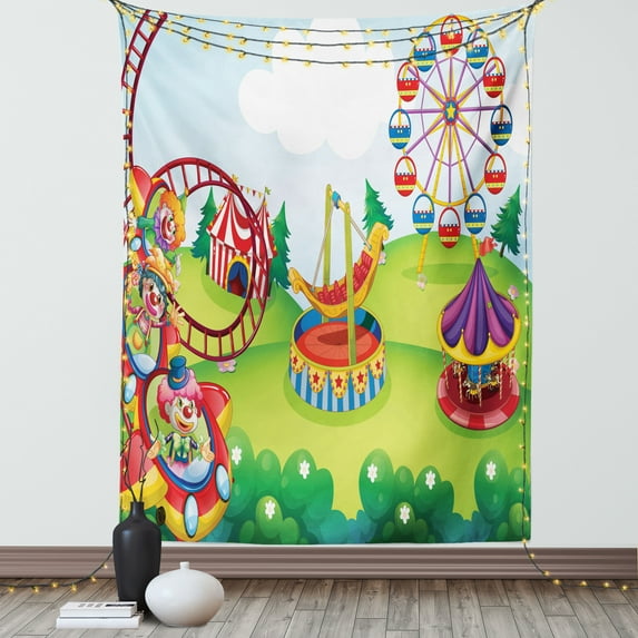 Circus Tapestry, Circus and Theme Park Design Carousel Amusement and Excitement Theme Trees Forest, Wall Hanging for Bedroom Living Room Dorm Decor, 60W X 80L Inches, Multicolor, by Ambesonne