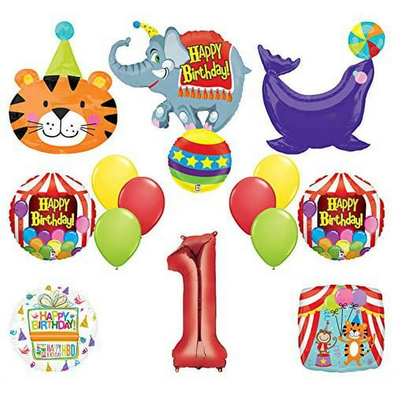 Circus Theme Big Top 1st Birthday Party Supplies and Balloon Bouquet Decorations Elephant, Tiger and Seal