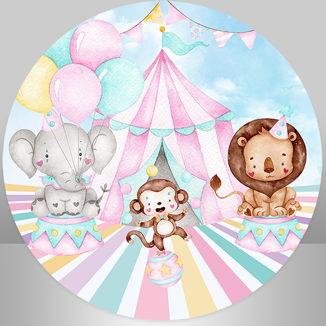 Pink Circus Animals Round Happy Birthday Party Backdrop