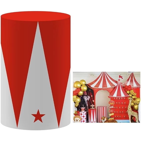Circus Theme Cylinder Plinth Table Covers,Red Tent Stretchy Pedestal Stand Cover for Carnival Party Birthday Cake Desserts Tablecloth Decoration Props