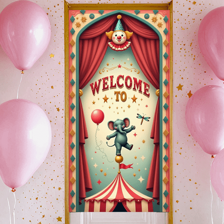 Circus Theme Welcome Banner Decorative Design Elephant Clown Polyester Material for Kids Party Event Celebration
