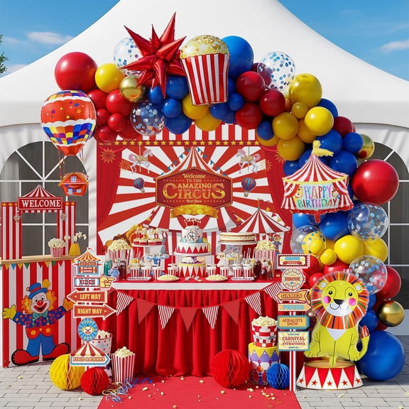 Circus Theme birthday party decorations & include red yellow balloon arch & foil hot air popcorn lion balloons & striped banner & Backdrop carnival Circus road sign paper card Signboard decor Y114