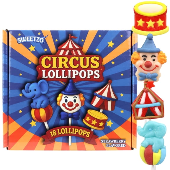 Circus Themed Lollipops, Birthday Party Favor Candy, Summer Treats, 18 Count, 7.62 Ounce Box