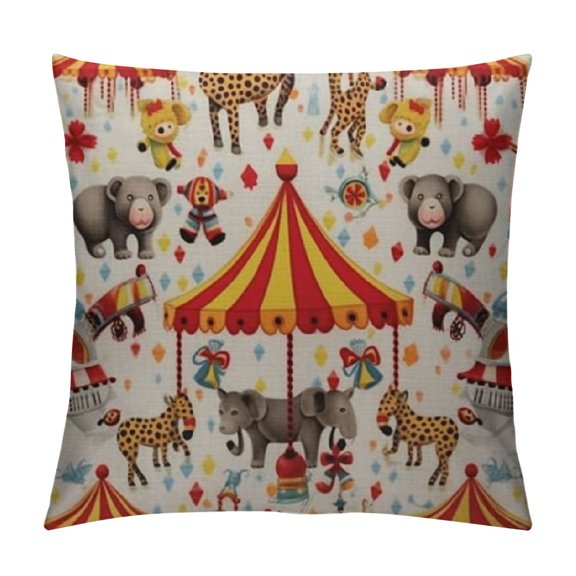 Circus Throw Pillow Cushion Case, Circus Bear Monkey Animals Merry Go Round Magic Classic Celebration Print, Decorative Square Accent Pillow Cover, Multicolor