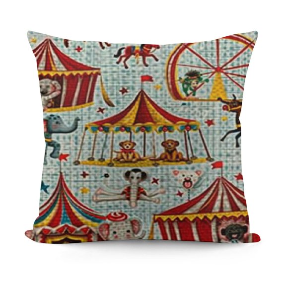 Circus Throw Pillow Cushion Case, Circus Bear Monkey Animals Merry Go Round Magic Classic Celebration Print, Decorative Square Accent Pillow Cover, Multicolor