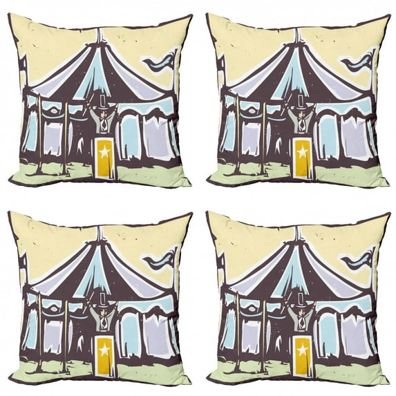Circus Throw Pillow Cushion Case Pack of 4, Carnival Scene of a Man with a Tent on the Back Fun Show Time Artwork, Modern Accent Double-Sided Print, 4 Sizes, Cream and Multicolor, by Ambesonne