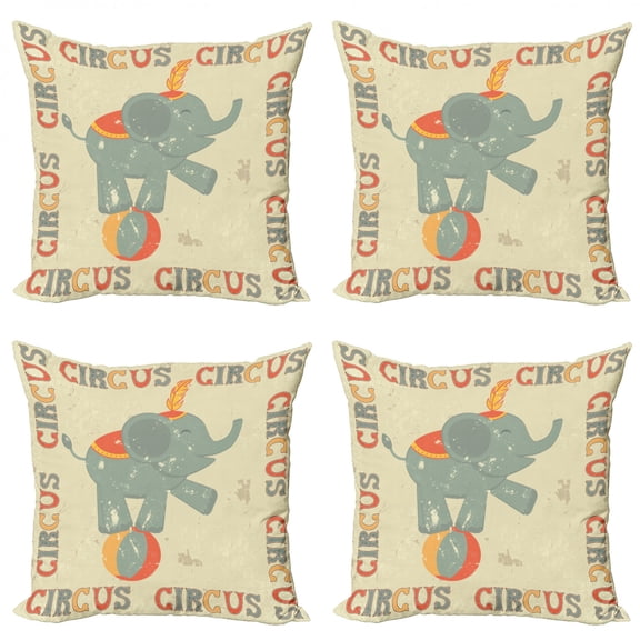 Circus Throw Pillow Cushion Case Pack of 4, Happy Smiling Circus Elephant Performing Balance on Ball Grungy Retro Texture Print, Modern Accent Double-Sided Print, 4 Sizes, Multicolor, by Ambesonne
