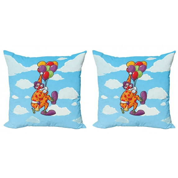 Circus Throw Pillow Cushion Cover Pack of 2, Clown Taken Away by His Colorful Balloons Through the Clouds in the Sky, Zippered Double-Side Digital Print, 4 Sizes, Sky Blue and Multicolor, by Ambesonne