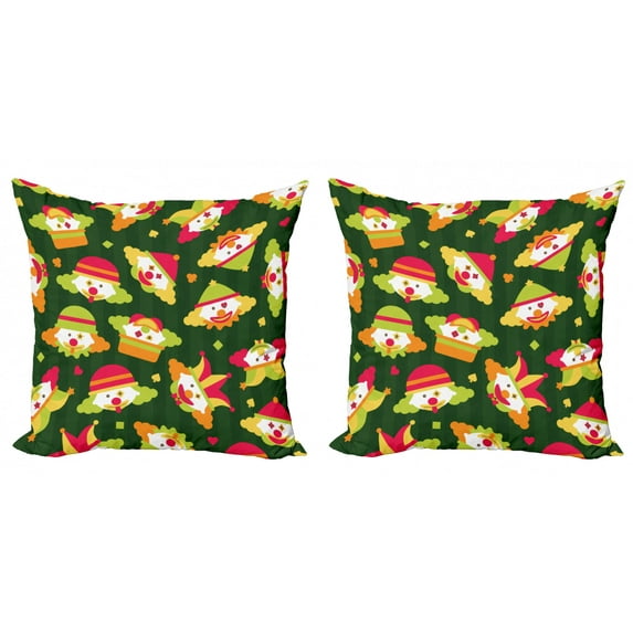 Circus Throw Pillow Cushion Cover Pack of 2, Colorful Layout of Clown Faces and Geometric Motifs Funky Show Time People, Zippered Double-Side Digital Print, 4 Sizes, Emerald Multicolor, by Ambesonne