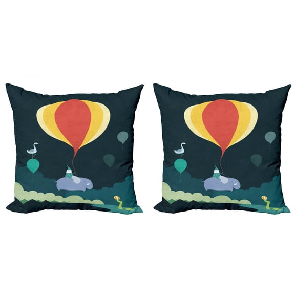 Circus Throw Pillow Cushion Cover Pack of 2, Composition of a Hot Air Balloon and Animals in the Nighttime, Zippered Double-Side Digital Print, 4 Sizes, Dark Green Multicolor, by Ambesonne