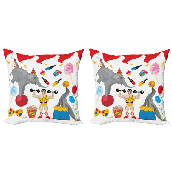 Ambesonne Circus Throw Pillow Cover 2 Pack, Animals and a Man Performing, 24", White Multicolor