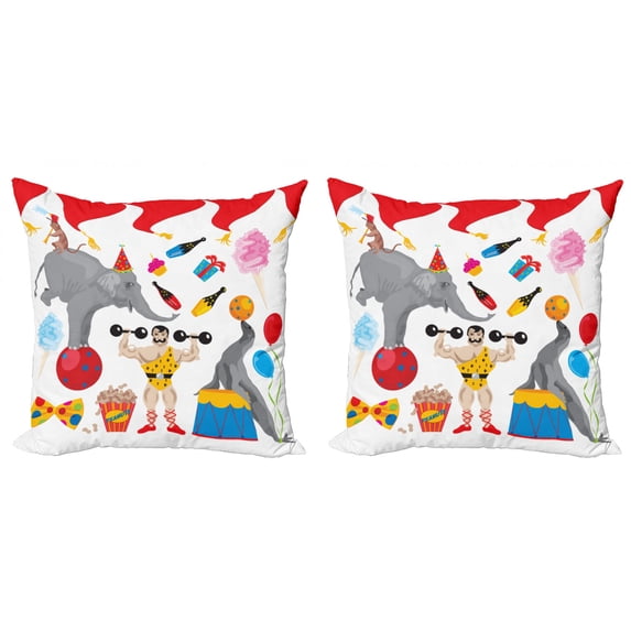 Ambesonne Circus Throw Pillow Cover 2 Pack, Animals and a Man Performing, 20", White Multicolor