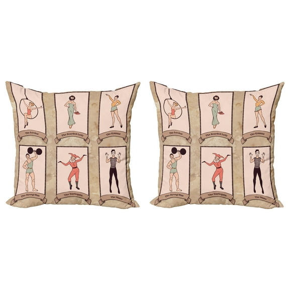 Ambesonne Vintage Throw Pillow Cover 2 Pack, Circus Acrobats Gymnast, 18", Pink Beige