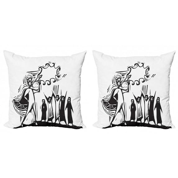 Circus Throw Pillow Cushion Cover Pack of 2, Woodcut Design Inspired Monochrome Illustration of a Man Blowing Fire, Zippered Double-Side Digital Print, 4 Sizes, Charcoal Grey and White, by Ambesonne
