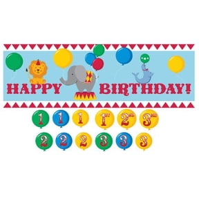 giant party banner with customizable year stickers, circus time