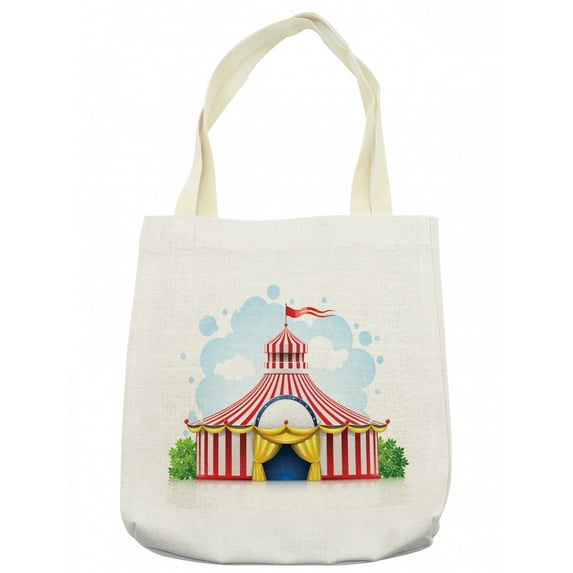 Circus Tote Bag, Striped Strolling Marquee Tent Flag Artwork Holiday Leisure Time Fun Print, Cloth Linen Reusable Bag for Shopping Books Beach and More, 16.5" X 14", Cream, by Ambesonne