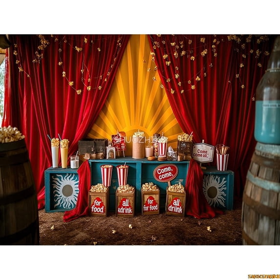 Circus Tt With Striped Canopy Popcorn Photography Backdrops Balloons Birthday Party r Animal Photo Studio Background SD-09