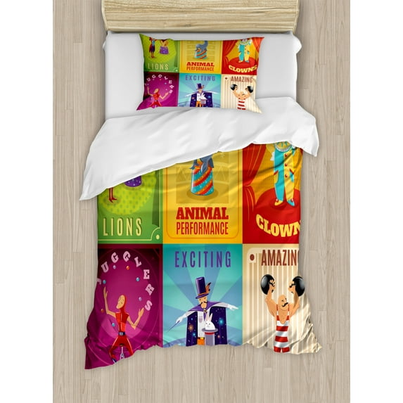 Circus Twin Size Duvet Cover Set, Circus Characters with Trained Animals Strong Man Trapeze Artist Retro Show Design, Decorative 2 Piece Bedding Set with 1 Pillow Sham, Multicolor, by Ambesonne
