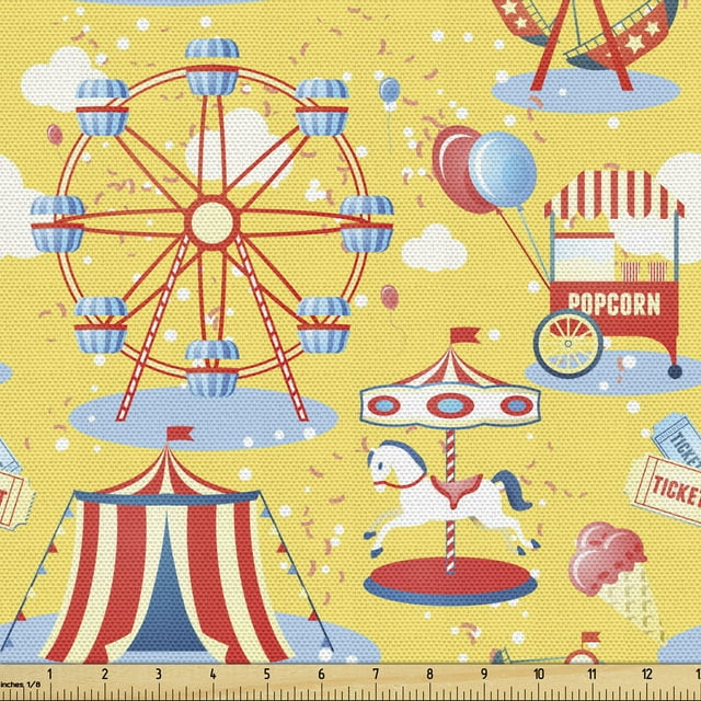 Ambesonne Circus Fabric by the Yard Upholstery, Amusement Park Pattern Tent, 2 Yards, Mustard Vermilion